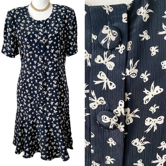 🎀 Vintage Bow Print Drop Waist Flounce Skirt Dress MCM Flapper size S petite 🎀 - Picture 11 of 11